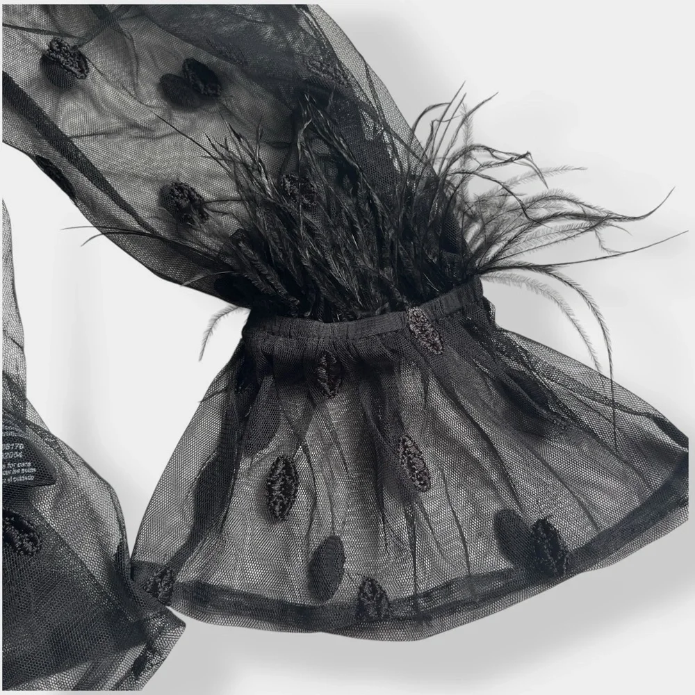 Anthropologie Rdalamal Black Ruffled Sheer Blouse Long Sleeve Feather Trim New M - Picture 8 of 13